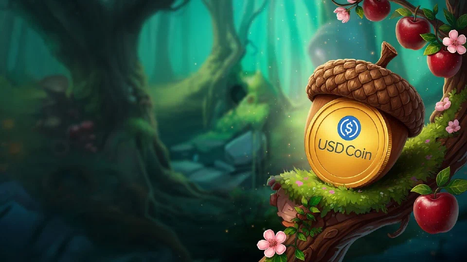 USD Coin logo on the face of a coin sitting in a large acorn cap on a mossy branch