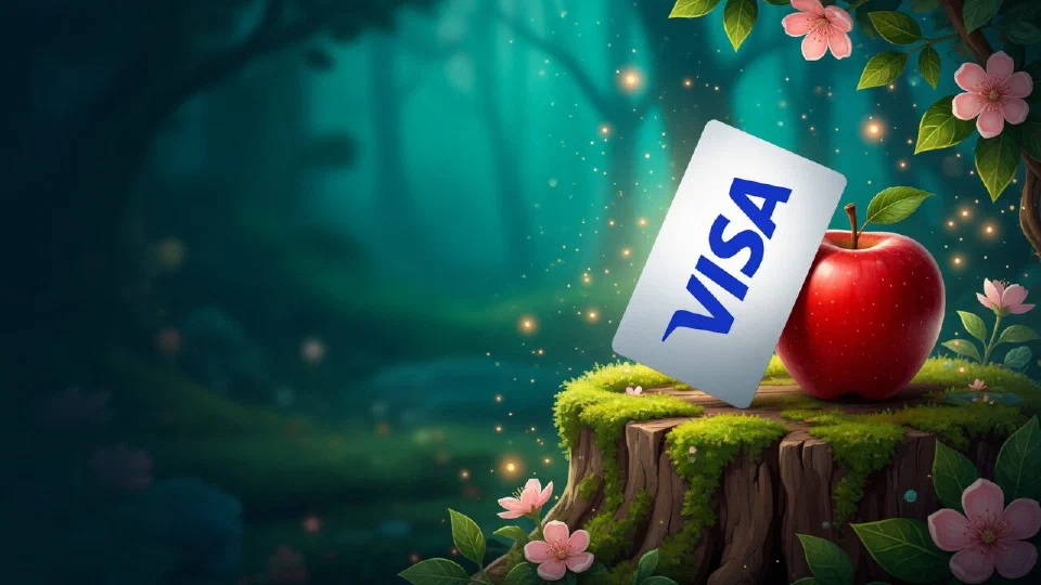 Visa logo on a payment card leaning against a glossy red apple on a mossy stump in an enchanted forest