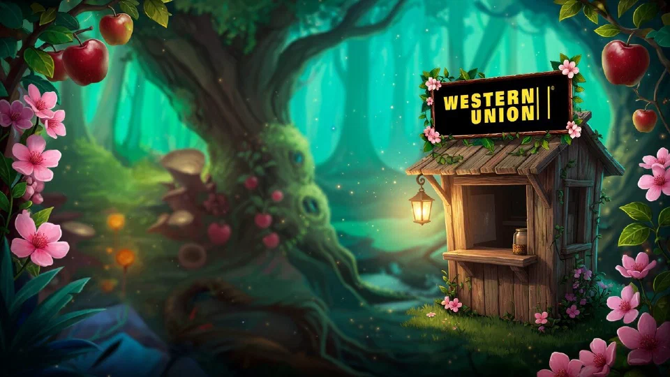 Western Union logo on the sign board of a small wooden post-office kiosk in the woods with a lantern