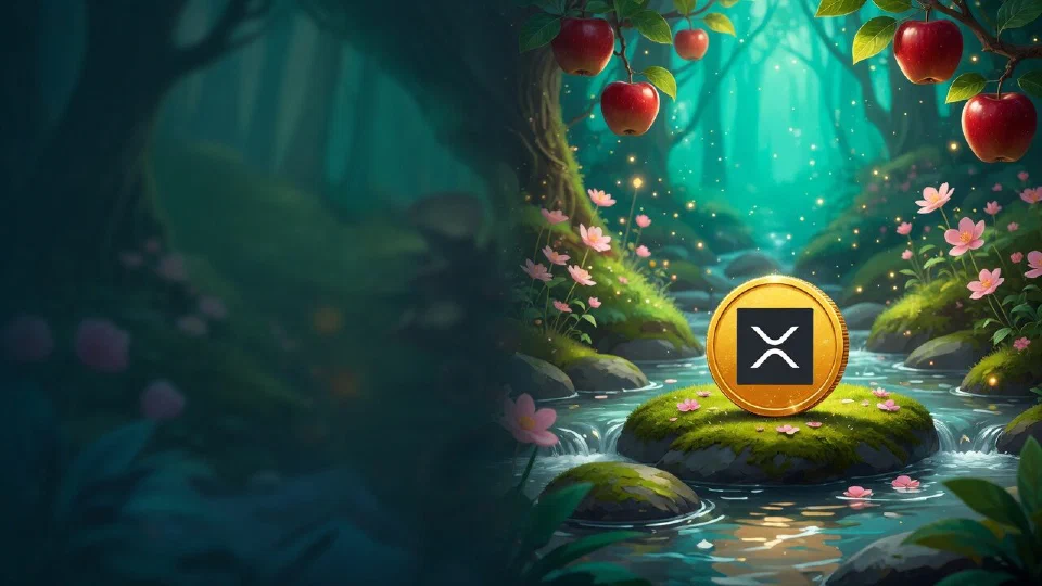 XRP logo on the face of a coin lying on a flat stone in a sparkling forest stream