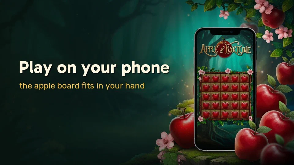 Play on your phone: a smartphone showing the Apple of Fortune board among red apples