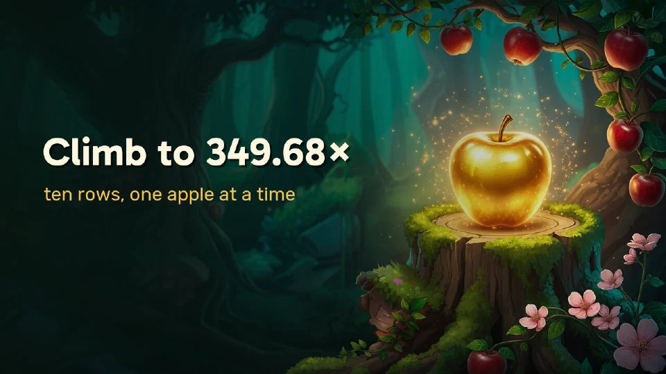 Climb to 349.68×: a golden apple glowing on a mossy stump